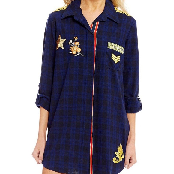 Sam Edelman Navy Plaid Shirt Blue Embroidered - Picture 1 of 5